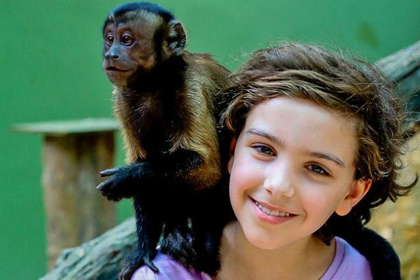A smiling child with short hair and a monkey on their shoulder, outdoors.