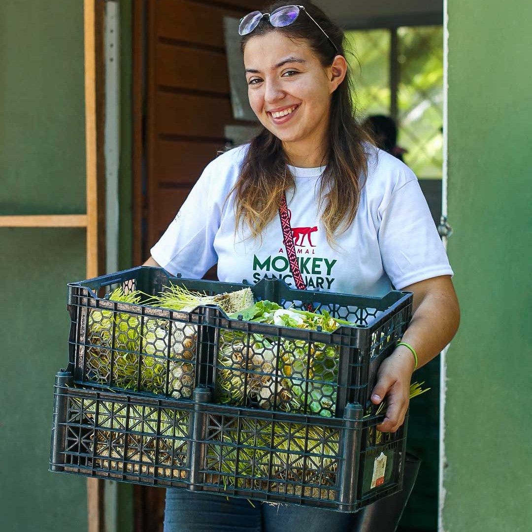 Woman smiling, holding a crate of vegetables at a sanctuary entrance.
