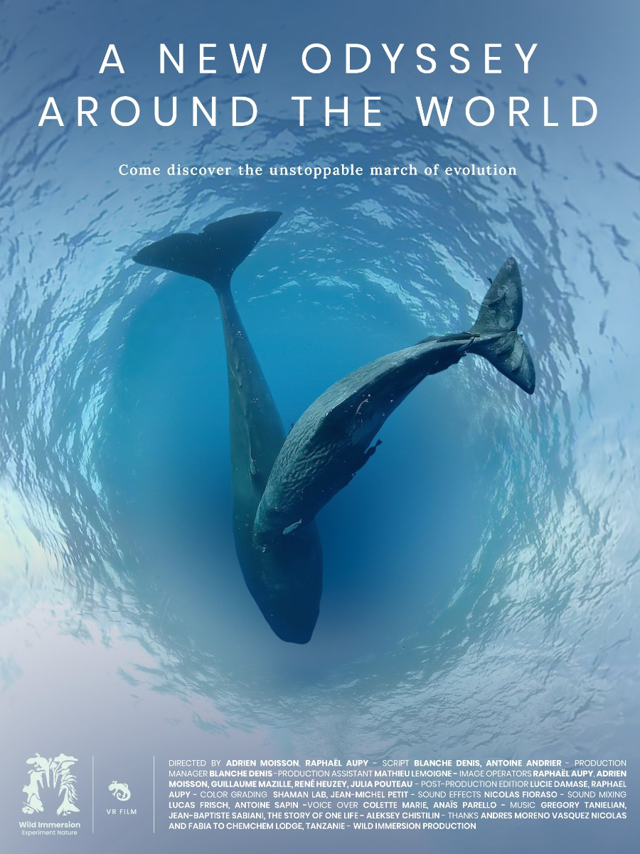 Whale swimming underwater with text 'A New Odyssey Around The World' above.