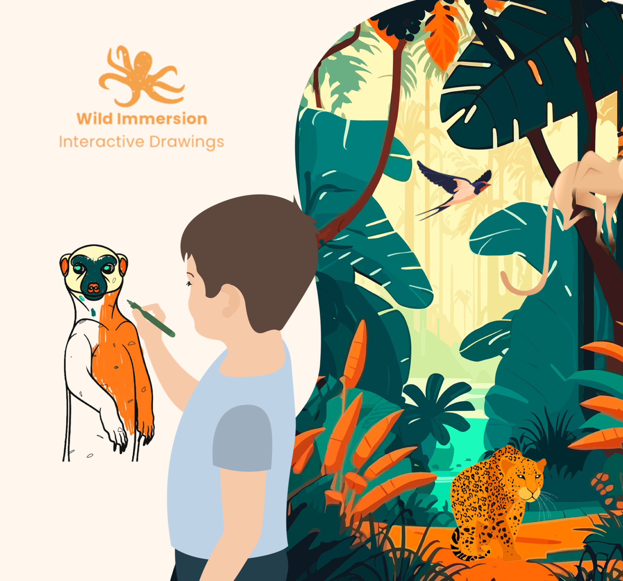 Child colors meerkat; jungle scene with parrot, monkey, and jaguar.