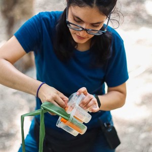 Person in blue shirt examining plant leaves with clear containers outdoors.