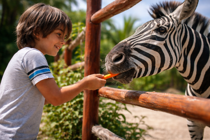 Child feeding a zebra a carrot through a wooden fence.