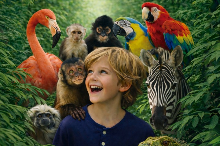Child smiling with various animals in lush greenery.