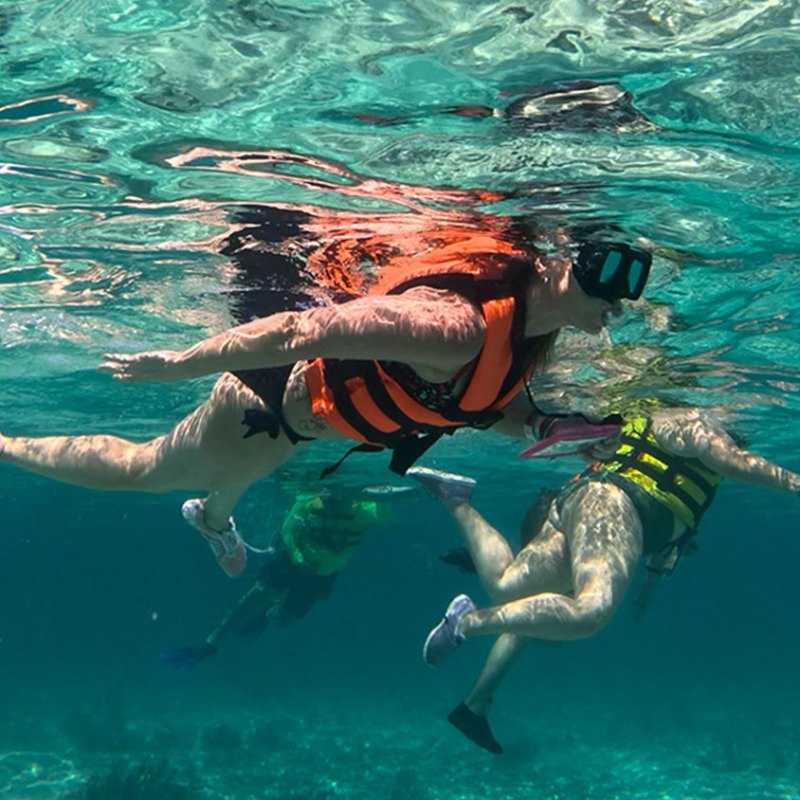 Four people snorkeling in clear turquoise water, wearing life vests.
